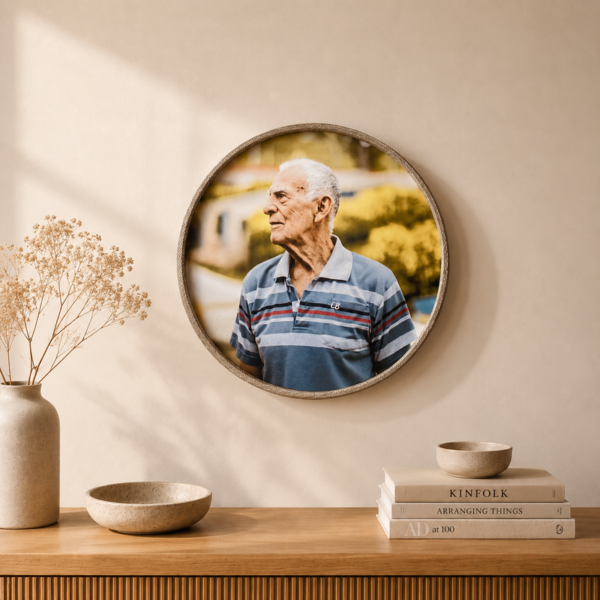 Mooie houten muurcirkel voor thuis. Wandurne voor aan de muur. Urne voor thuisbewaring met ronde foto kader. Kunsturne. Houten urne om aan de muur te hangen, wandcirkel, muurcirkel. Personaliseerbaar met foto van overledene. Urne voor crematieassen. Herinnerigsobject.
